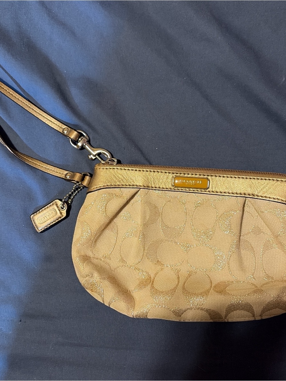 Coach Tan Signature Canvas Wristlet with Leather Trim